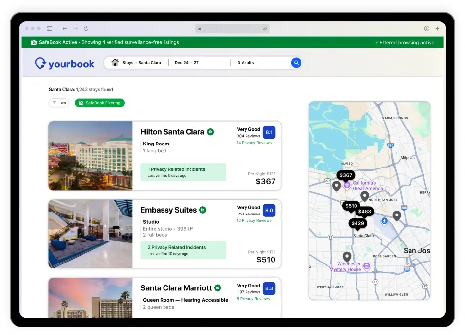SafeBook verified stays shown with an integrated map